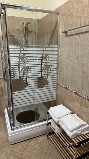 Douche, séchoir à cheveux, bidet, serviettes fournies
