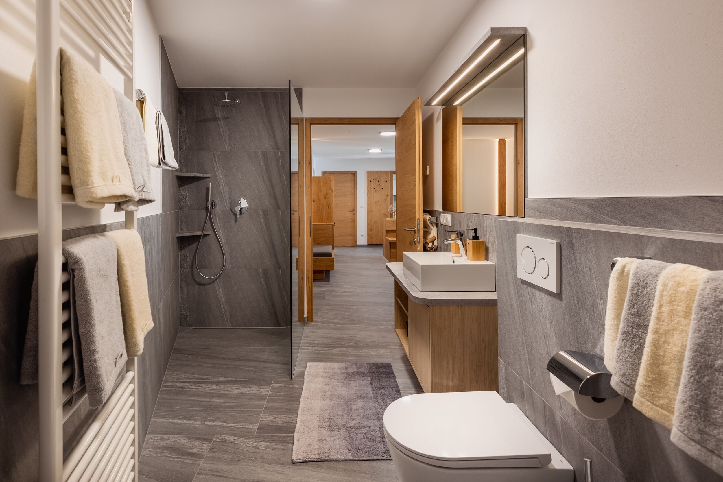 Shower, hair dryer, bidet, towels