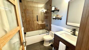 Hair dryer, towels, soap, toilet paper