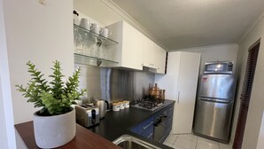 A modern kitchen with stainless steel appliances, white cabinets, and a potted plant on the counter. - City Stadium Apartment Riverfront 38 (Townsville)