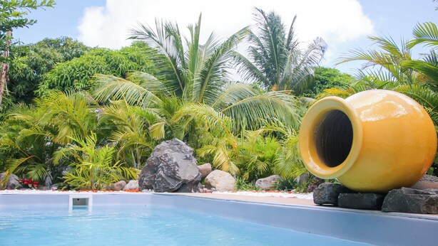 A swimming pool with a large yellow pot on a rock, surrounded by tropical plants and rocks.