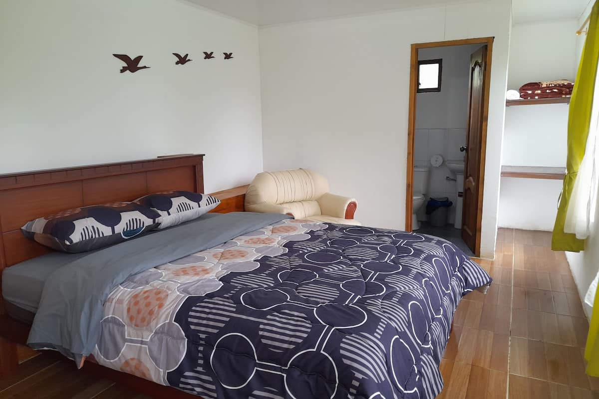 A bedroom with a bed, a chair, a toilet, and a shower area.