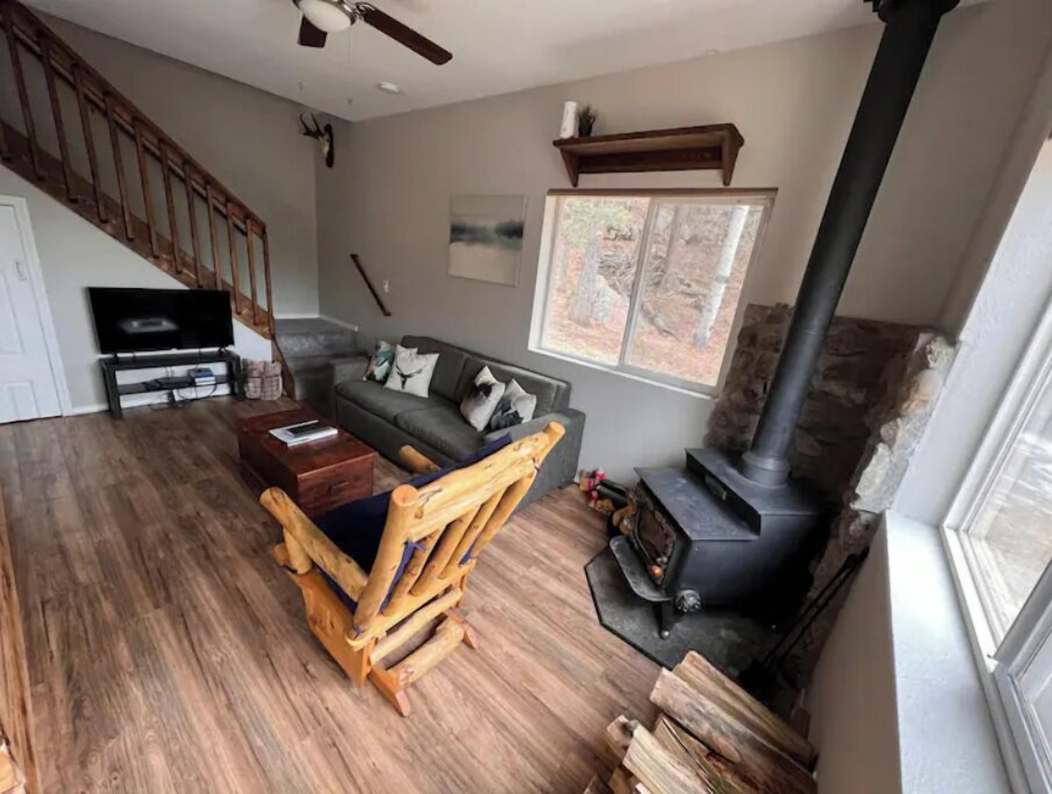 Smart TV, chimenea, reproductor de DVD y libros 