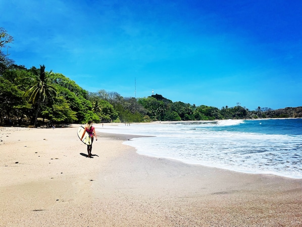 Una playa con una persona cargando una tabla de surf, rodeada de abundante vegetación y aguas azules cristalinas.