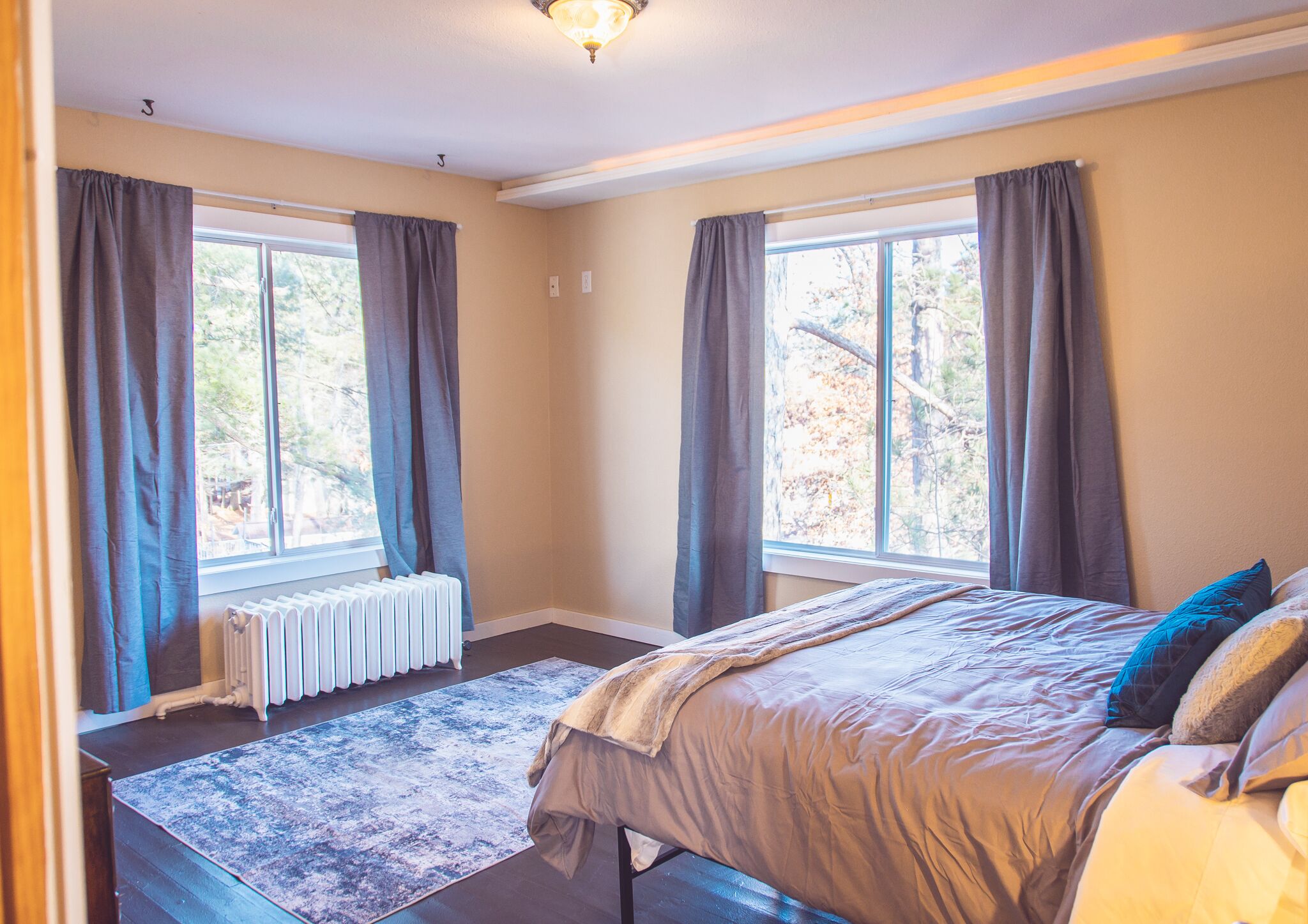 A bedroom with a large bed, two windows with curtains, a radiator, and a rug.