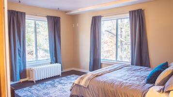 A bedroom with a large bed, two windows with curtains, a radiator, and a rug.