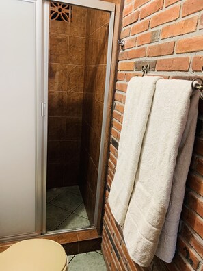 Douche, serviettes fournies, savon, papier toilette