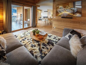 Télévision, cheminée, chaîne hi-fi