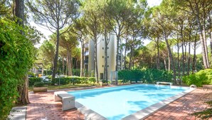 A rectangular swimming pool with a tiled edge, surrounded by a brick patio.