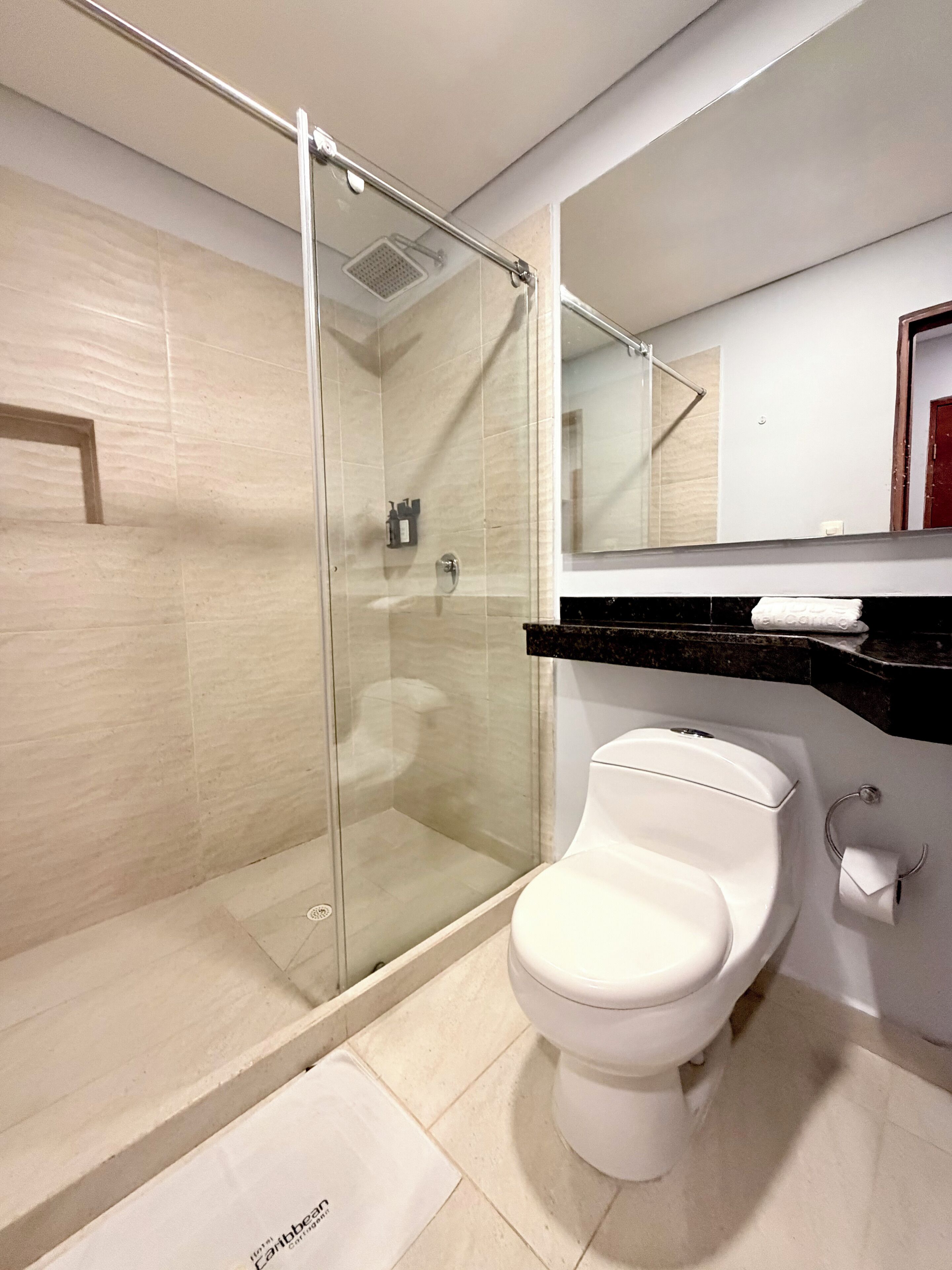 Un baño moderno con ducha de vidrio, inodoro blanco y encimera negra.