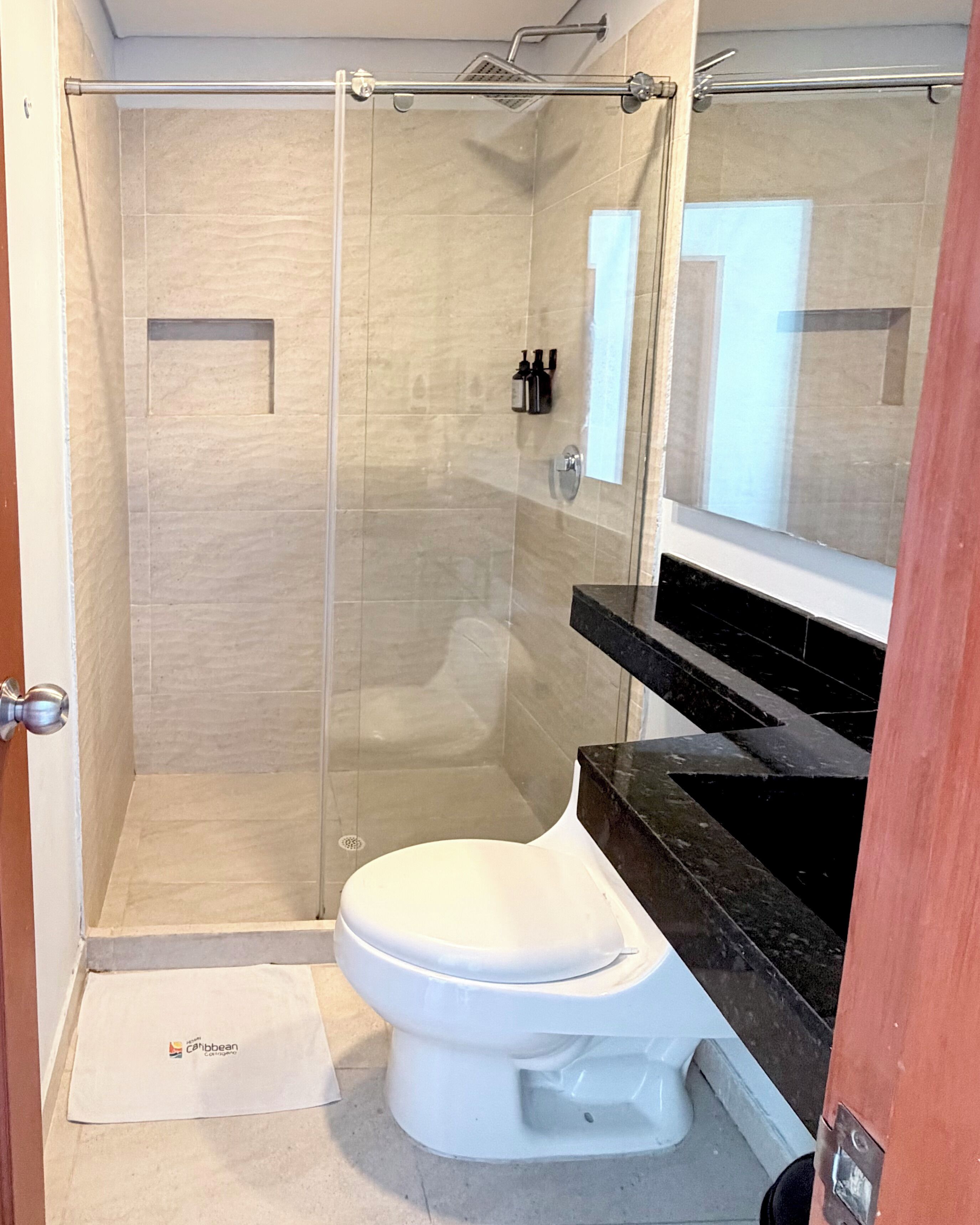 A bathroom with a glass-enclosed shower, a white toilet, and a black countertop.