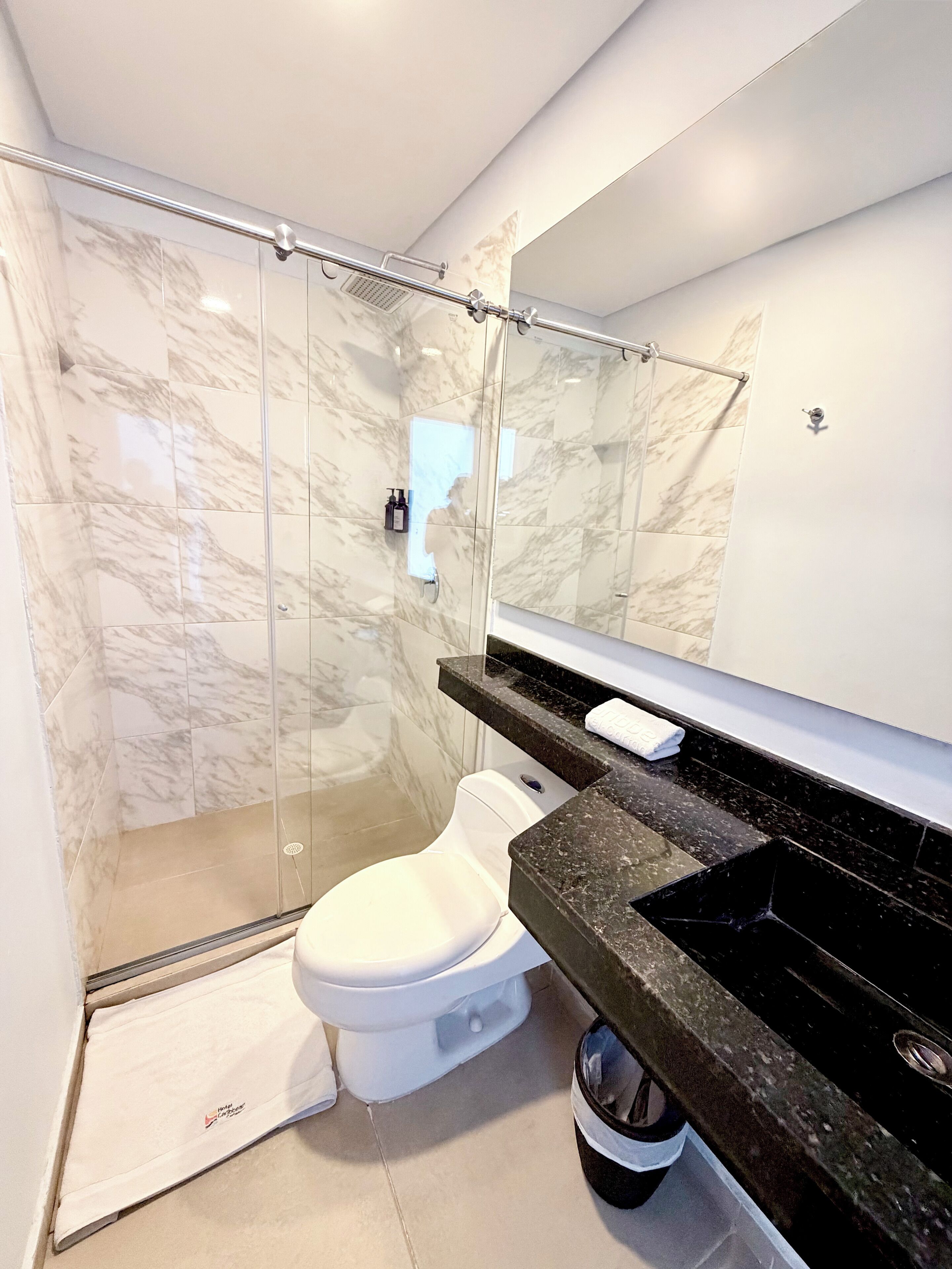 A modern bathroom with a glass-enclosed shower, a white toilet, and a black sink with a marble countertop.