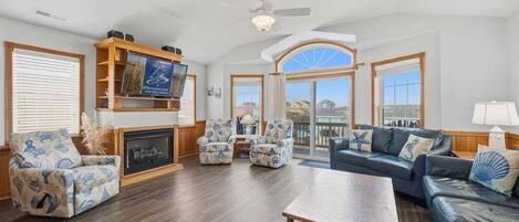 TV, fireplace, foosball