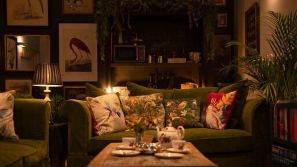 A cozy living room with a green sofa, a coffee table with decorative items, and a bookshelf filled with books and decorative objects. - Unique Boutique luxury Bed and Breakfast (Chichester)