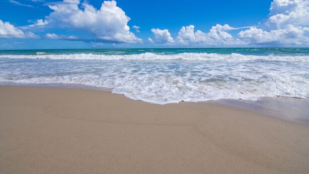 Ein Strand mit blauem Himmel und Wellen.