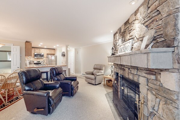 TV, fireplace, books