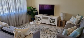Un salon avec un téléviseur à écran plat posé sur un meuble blanc, une grande plante, une table basse et un tapis à motifs.