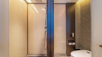 A modern bathroom with a glass-enclosed shower, a toilet, and a towel dispenser.