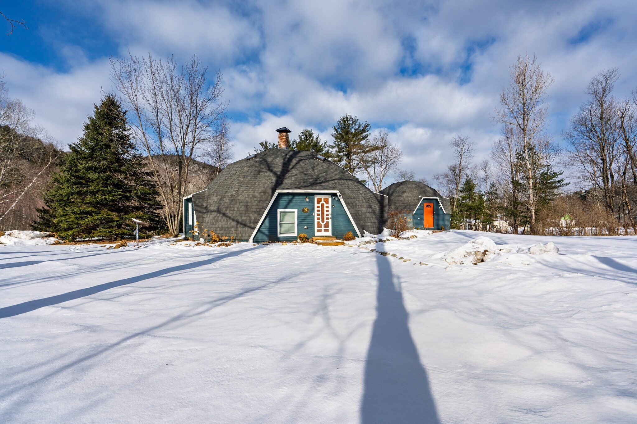 A snow-covered landscape with two dome-shaped houses, one with a blue exterior and the other with an orange exterior, surrounded by trees and a clear sky.