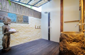 Douche, séchoir à cheveux, serviettes fournies, shampooing