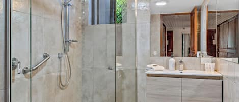 Shower, hair dryer, towels