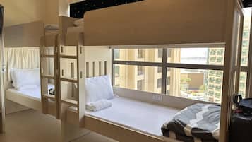 Desk, laptop workspace, blackout curtains, iron/ironing board