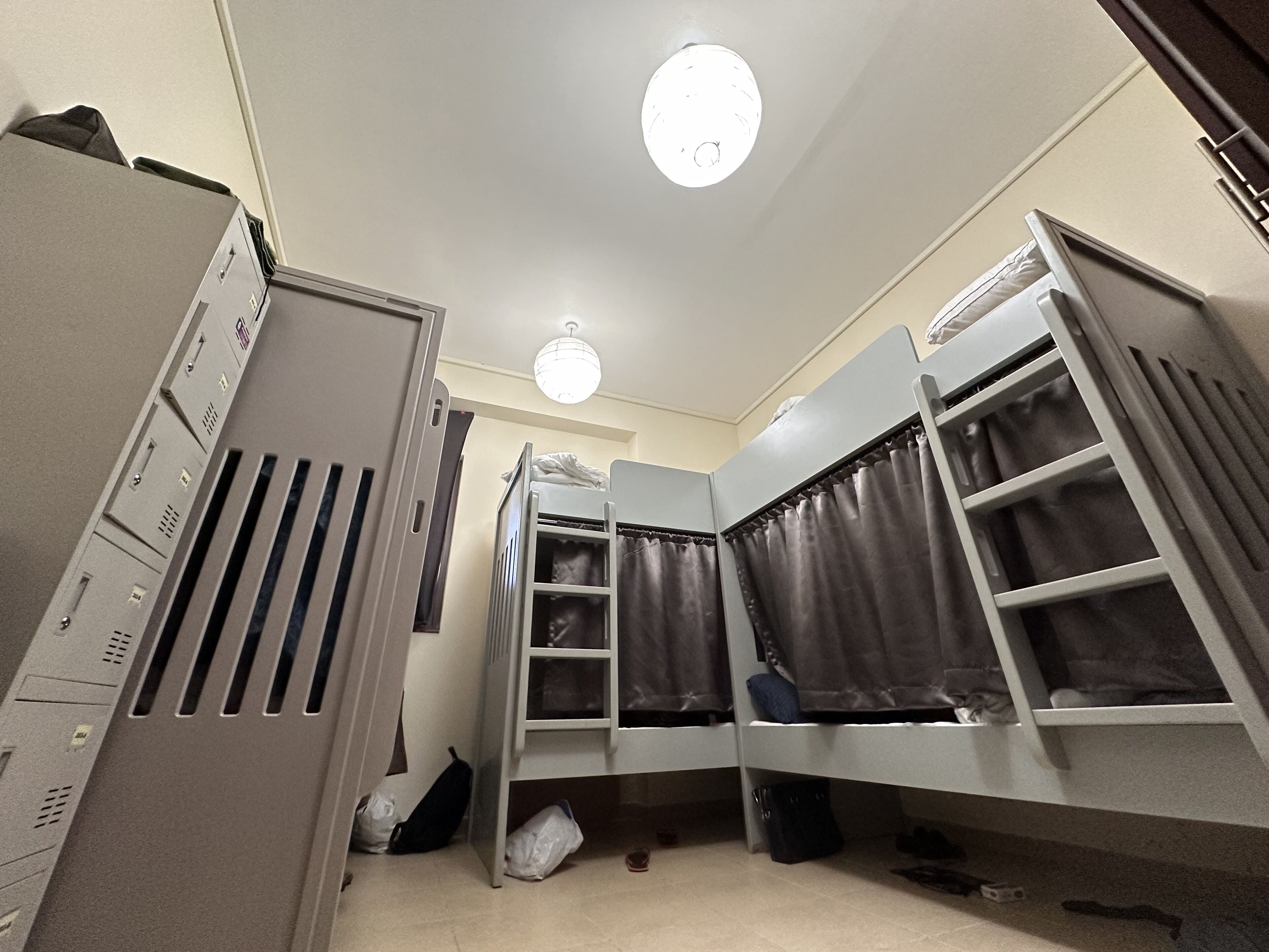 Desk, laptop workspace, blackout curtains, iron/ironing board