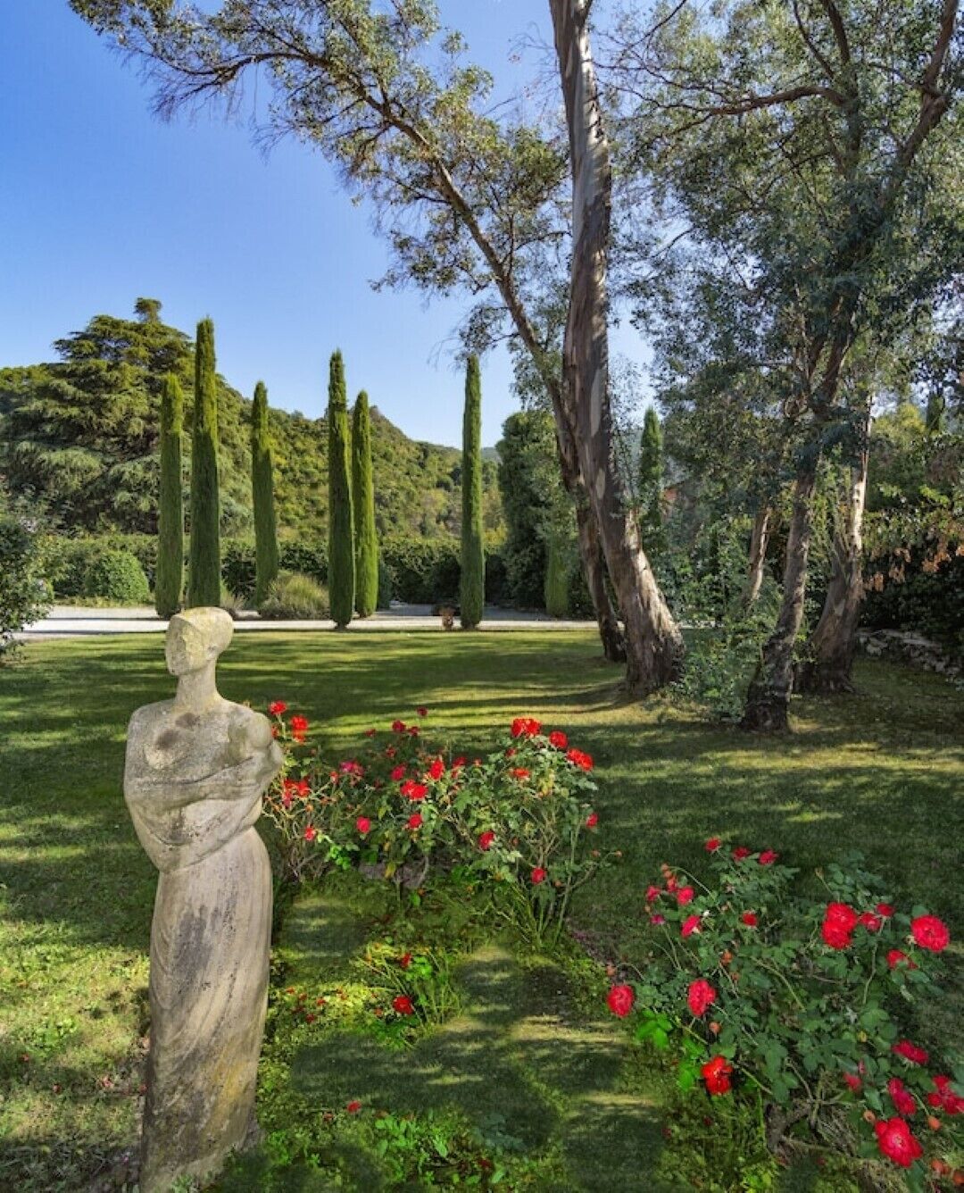 Ein Garten mit einer Statue, roten Rosen und hohen Bäumen.