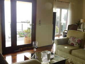 TV, fireplace, books, stereo