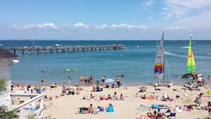 Een strand met mensen die zonnebaden en zwemmen, een pier op de achtergrond en zeilboten op het water.
