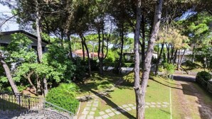 A residential area with a stone pathway, trees, and a small bridge.