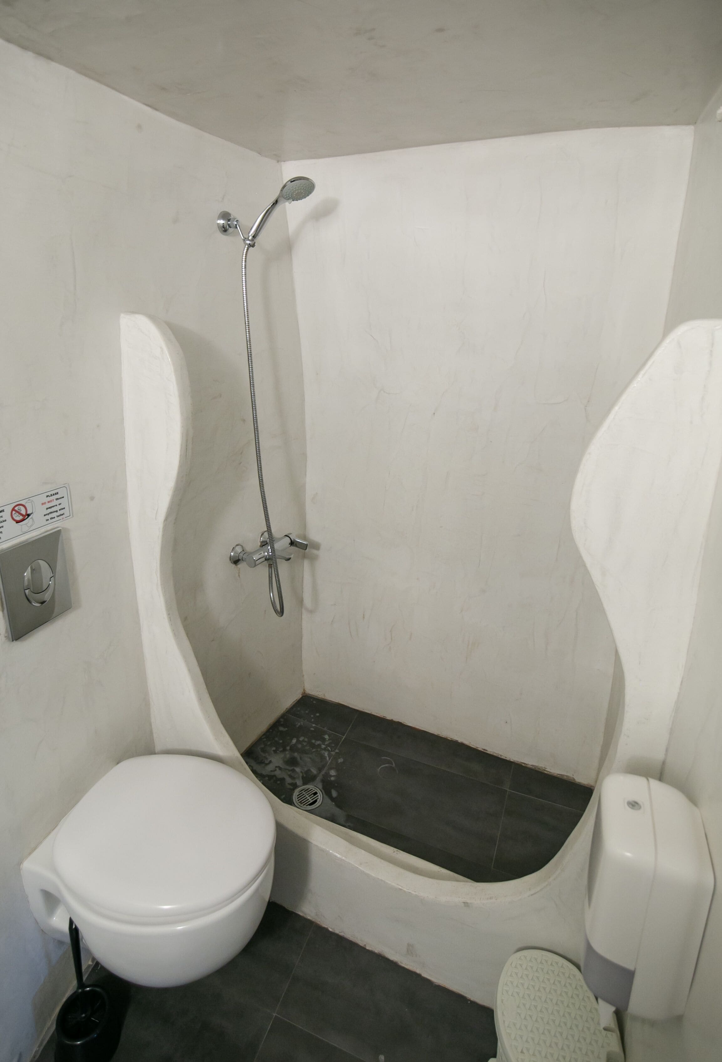 A bathroom with a white toilet, a shower with a handheld showerhead, and a bidet.