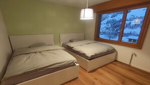 Camera da letto con due letti singoli, pavimento in legno, finestra con vista su un paesaggio innevato e lampadario.