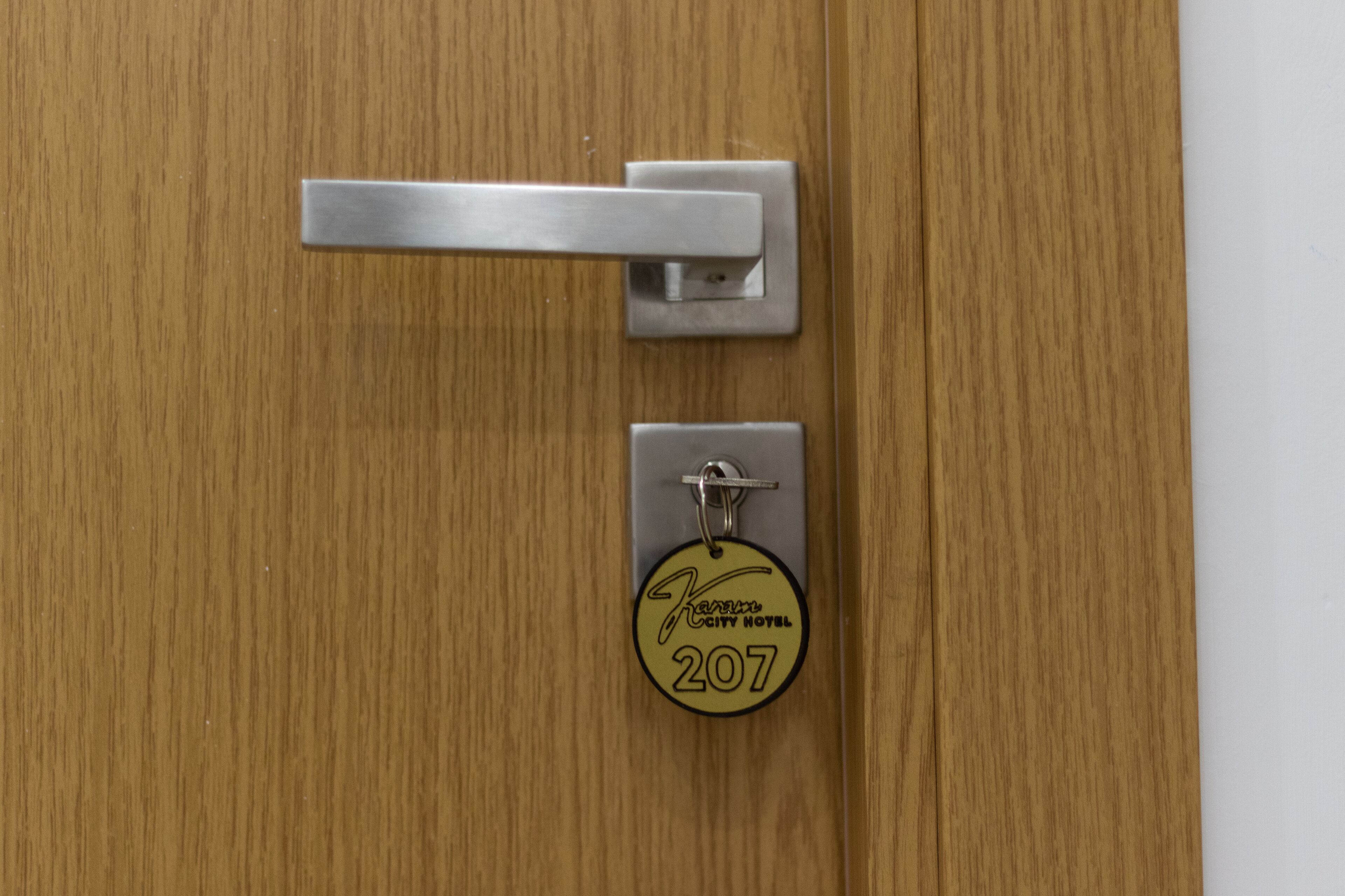 Une porte en bois avec une poignée en métal et un lecteur de cartes magnétiques.