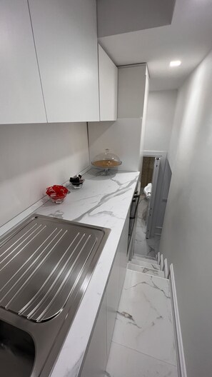 Experience a sleek kitchen with a stainless steel sink, modern faucet, and white cabinetry.