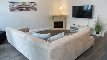 TV, fireplace, books, stereo