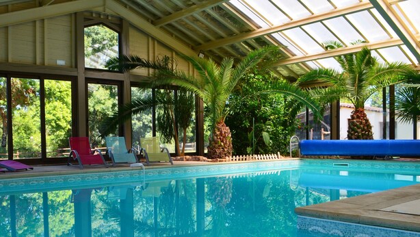 Une piscine intérieure aux parois en verre transparent, entourée de palmiers et de chaises longues.