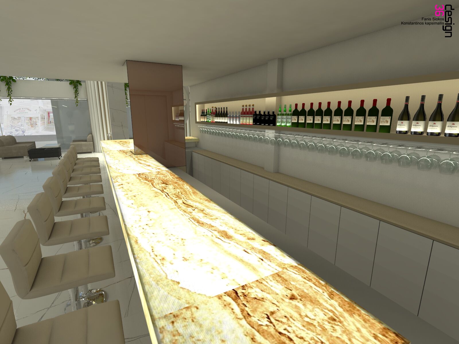 Zona de bar moderna con encimera de mármol y asientos.