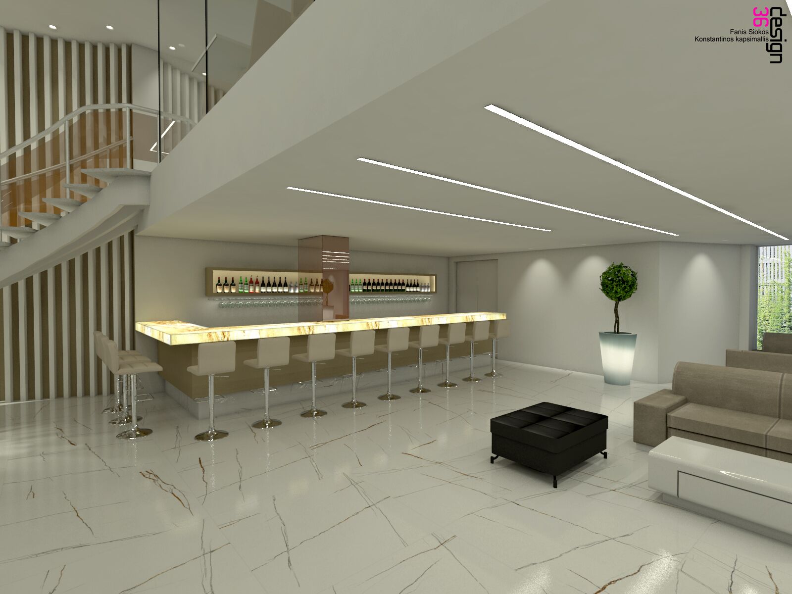 A modern bar area with a marble countertop and stools, a staircase with a railing, and a large potted plant.