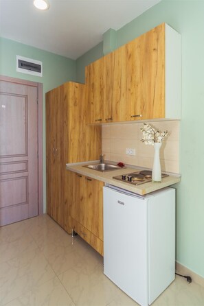 Classic Studio, 2 Twin Beds | Private kitchen | Fridge, cookware/dishes/utensils