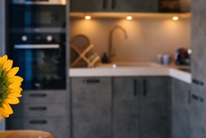 Réfrigérateur, four, plaque de cuisson, cafetière/bouilloire