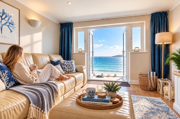 A cozy living room with a view of the sea, a sofa with decorative pillows, a coffee table with books and a plant, and a lamp.