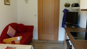 A compact living space with a wooden door, a sofa, a small table with a magazine, a TV, and a kitchen area with a stove and oven. - Tauernblick vacation apartment - so close to heaven! Maria- Gern, 4 stars. (Berchtesgaden)