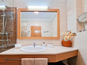 Shower, hair dryer, bidet, towels