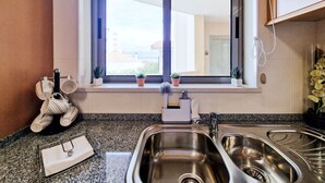 A kitchen with granite countertops, stainless steel sinks, and a window with potted plants.