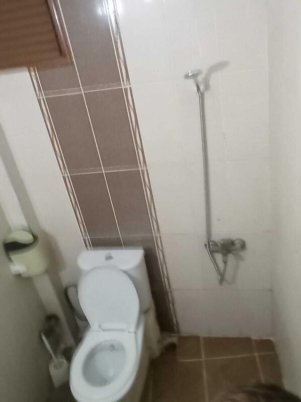 Un baño pequeño con inodoro, ducha y lavabo.