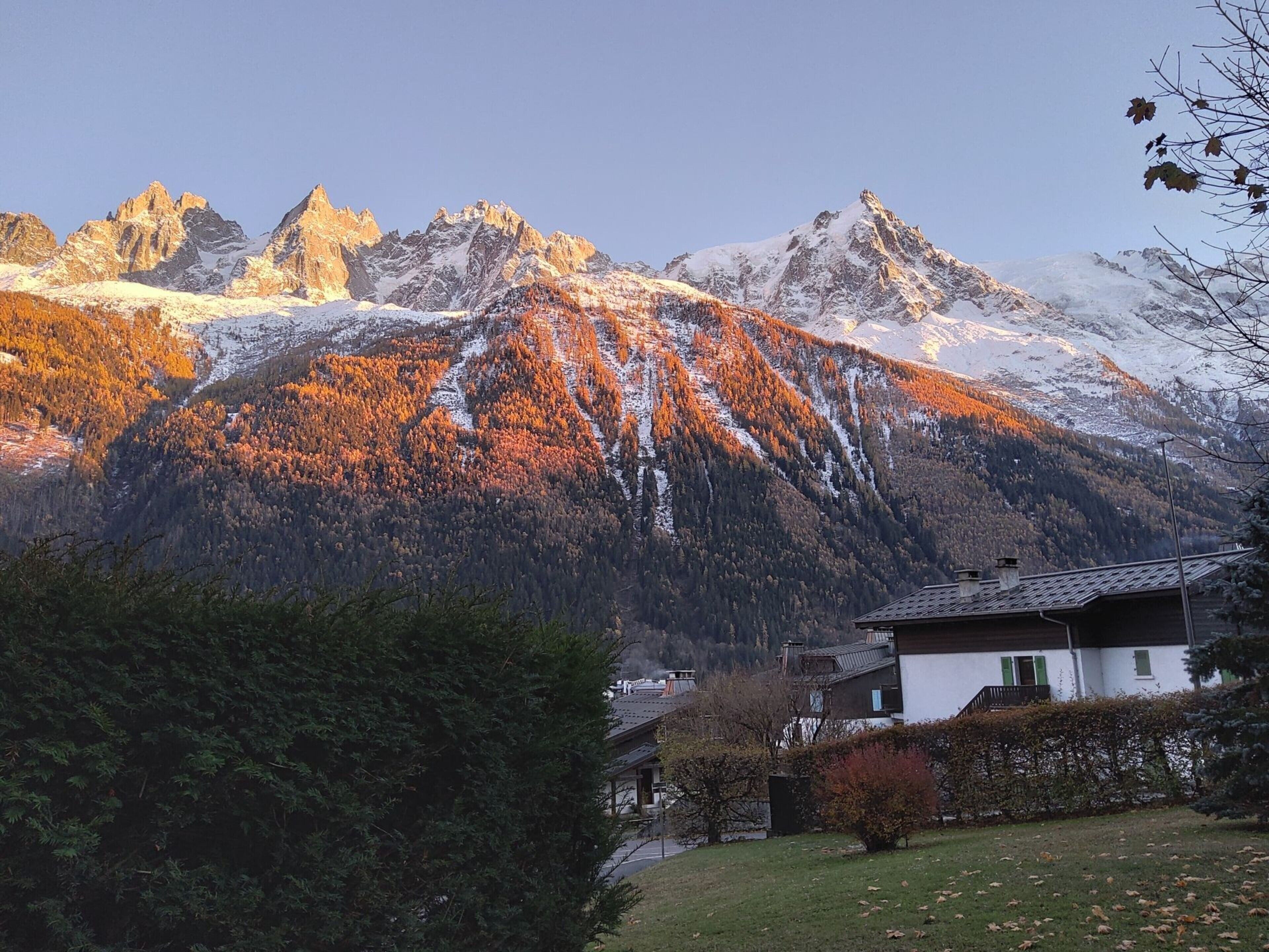 Un paysage de montagne avec des sommets enneigés et des arbres aux couleurs automnales.