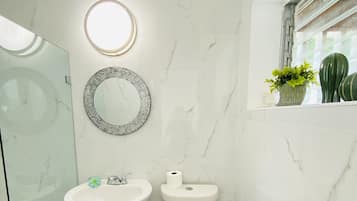 Hair dryer, towels, soap, shampoo