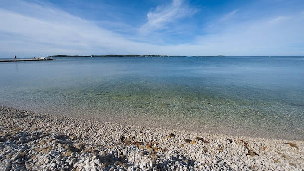 A pebbled beach with clear water and distant land. - Vacation apartment right by the sea-50 m from the beach (Fažana)