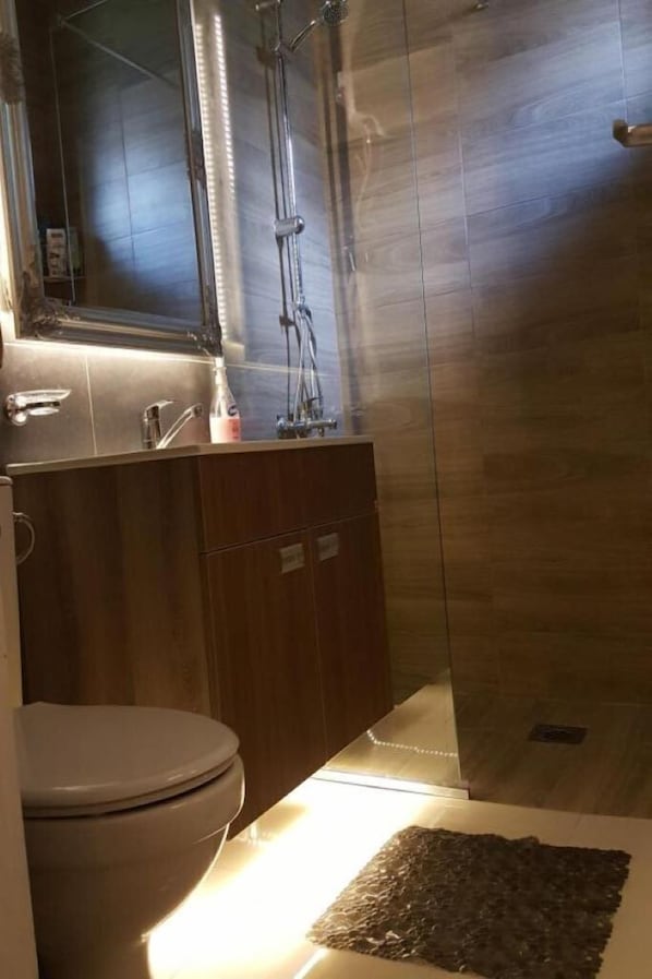 Hair dryer, towels, soap, shampoo